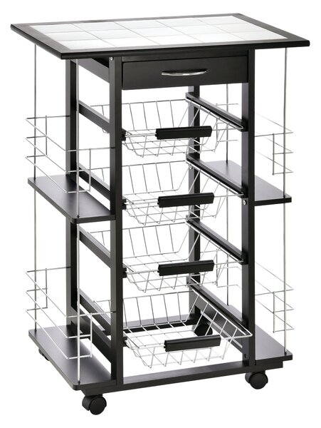 Carrello da Cucina con 4 Cestini e 4 Scomprati in Legno di Pino 57x37x83 cm Nero