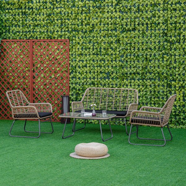 Set Salotto da Giardino Divano 2 Poltrone e Tavolino in Rattan Naturale e Poliestere Nero