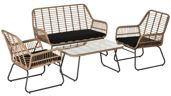 Set Salotto da Giardino Divano 2 Poltrone e Tavolino in Rattan Naturale e Poliestere Nero