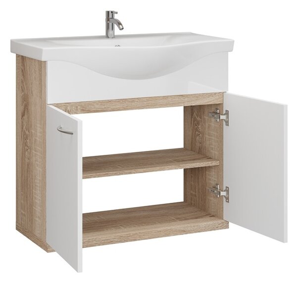 Kamalu mobile bagno a terra o sospeso 80 cm bicolore bianco e legno chiaro | lac-estia-80