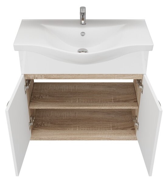 Kamalu mobile bagno a terra o sospeso 80 cm bicolore bianco e legno chiaro | lac-estia-80