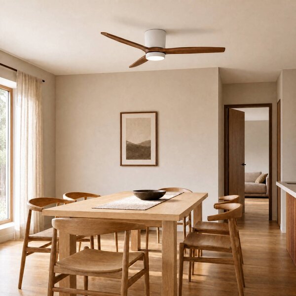 Ventilatore da soffitto LED Lucande Faipari, legno scuro, DC, 132 cm Faipari, Bianco / Opale, Soggiorno / Sala da pranzo, Legno, Moderno