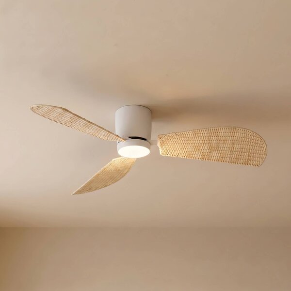 Ventilatore da soffitto LED Lucande Faipari, bianco/rattan, DC, 132 cm Faipari, Bianco / Opale, Soggiorno / Sala da pranzo, Legno, Moderno