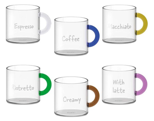 WD Lifestyle WD598 Set 6 Tazzine da Caffè 100ml Scritta Decorativa Vetro Borosilicato Manico Colorato