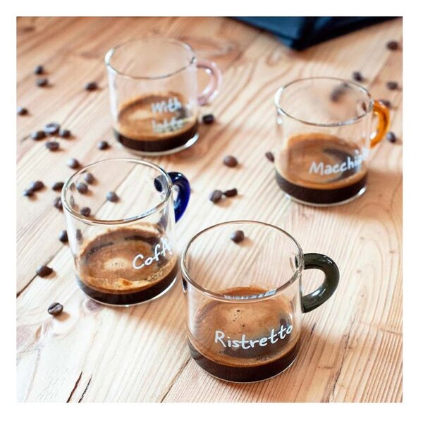 WD Lifestyle WD598 Set 6 Tazzine da Caffè 100ml Scritta Decorativa Vetro Borosilicato Manico Colorato