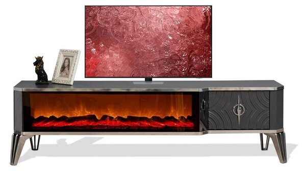 Tavolo TV basso in legno grigio scuro con camino