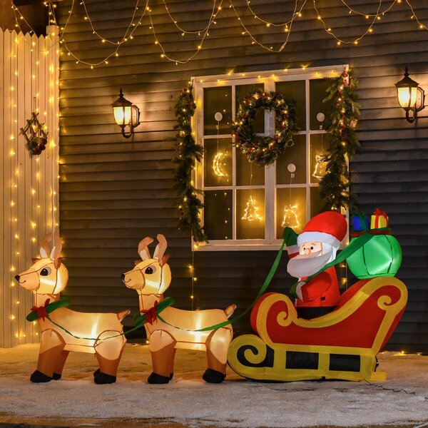 Babbo Natale Gonfiabile Luminoso 240x57x112 cm con Slitta e Renne Rosso