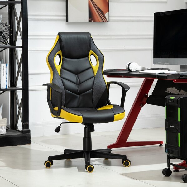 Sedia da Gaming Girevole Reclinabile in Similpelle Nera e Gialla