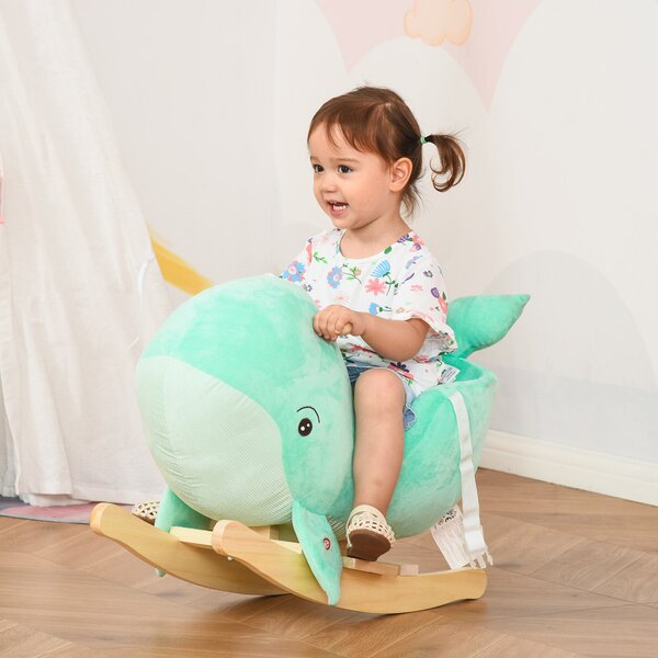 Cavallo a Dondolo per Bambini in Legno e Peluche Balena Turchese