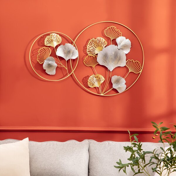 Decorazione Murale 3D in Metallo 138x70 cm Wall Art Dorata con Ginkgo Oro e Argento