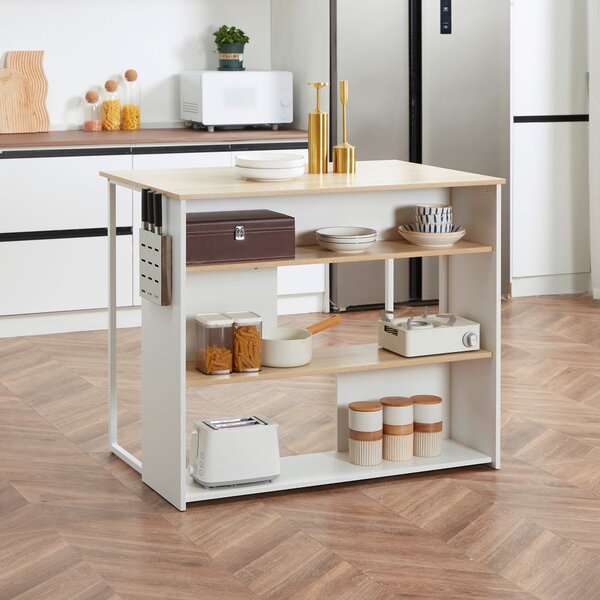Isola da Cucina 3 Ripiani 105x65x90 cm con Portacoltelli in Legno Truciolare Bianco