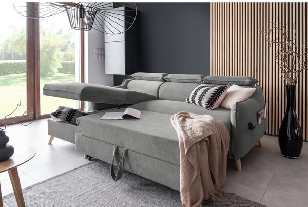 Divano letto angolare in velluto grigio chiaro (angolo sinistro) Sweet Harmony - Miuform