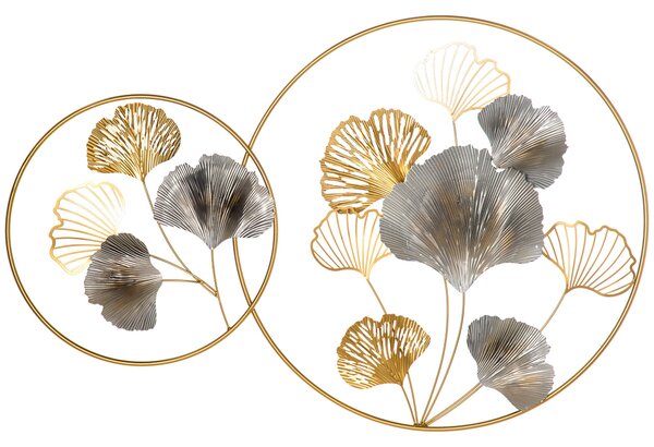 Decorazione Murale 3D in Metallo 138x70 cm Wall Art Dorata con Ginkgo Oro e Argento
