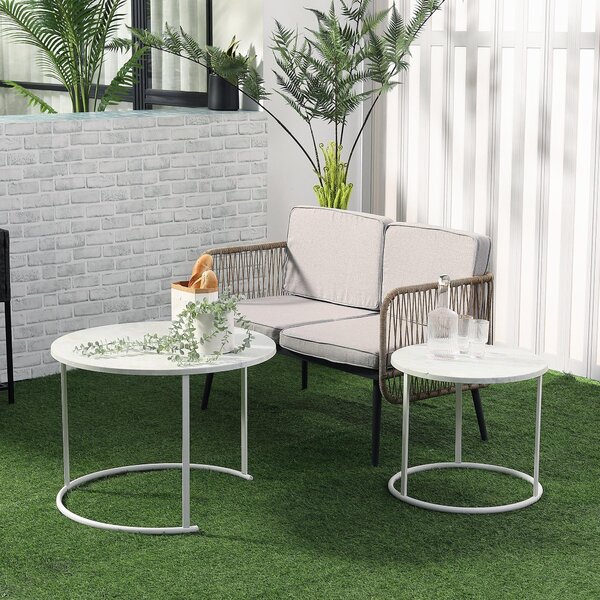 Set 2 Tavolini da Giardino in Metallo Piano Effetto Marmo Bianco