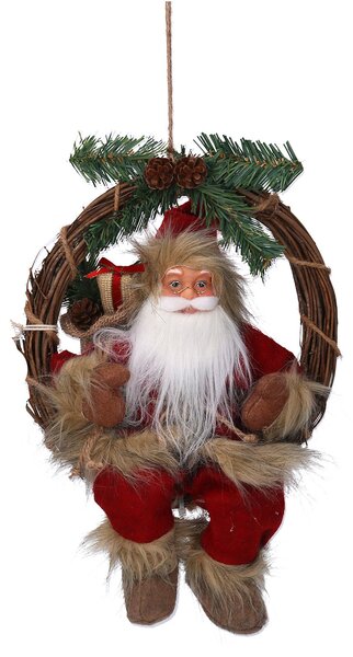 Pupazzo Babbo Natale in Tessuto su ghirlanda marrone rosso cm 23,5x13,5xh30