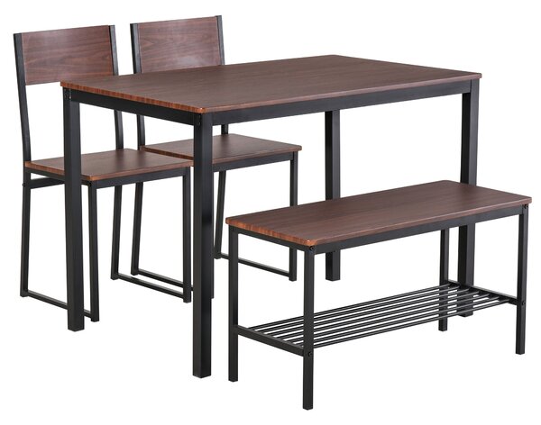 Set Tavolo 2 Sedie e Panca in Metallo e Legno Nero e Marrone