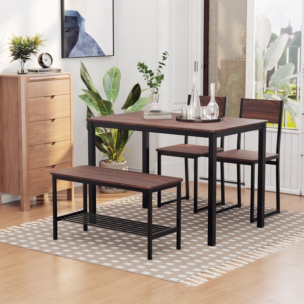 Set Tavolo 2 Sedie e Panca in Metallo e Legno Nero e Marrone