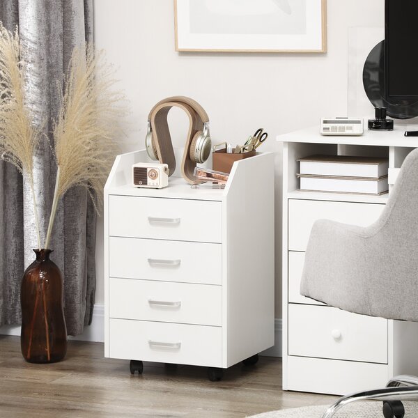 Vinsetto Cassettiera da Ufficio in Legno con 4 Cassetti, Ruote e Bordi Rialzati, 40x36x65cm, Bianco
