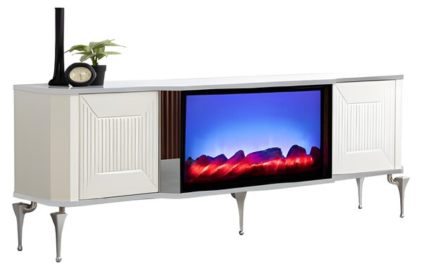 Elegante mobile TV basso con caminetto elettrico, audio Bluetooth e telecomando