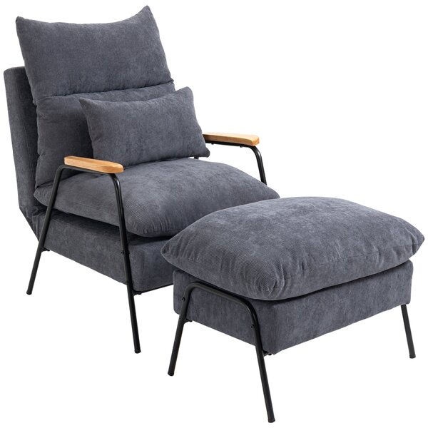 Poltrona Relax Reclinabile con Pouf Poggiapiedi in Velluto a Costine Grigio