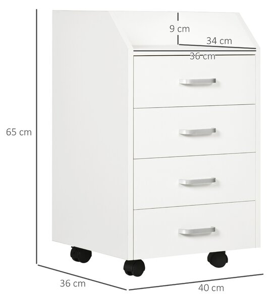 Vinsetto Cassettiera da Ufficio in Legno con 4 Cassetti, Ruote e Bordi Rialzati, 40x36x65cm, Bianco