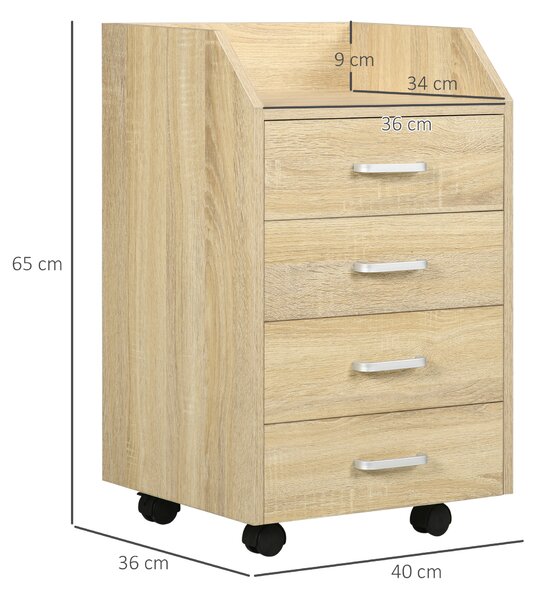 Vinsetto Cassettiera Ufficio minimalista in Legno con 4 Cassetti, Ruote e Bordi Rialzati, 40x36x65cm, per studio e casa, Legno Naturale | Aosom Italy