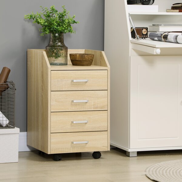 Vinsetto Cassettiera Ufficio minimalista in Legno con 4 Cassetti, Ruote e Bordi Rialzati, 40x36x65cm, per studio e casa, Legno Naturale | Aosom Italy