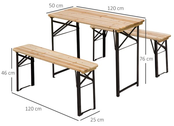 Outsunny Set Birreria 1 Tavolo (120x50cm) 2 Panche (120x25cm) Pieghevoli, Legno di Abete per Esterni/Eventi/Sagre/Picnic