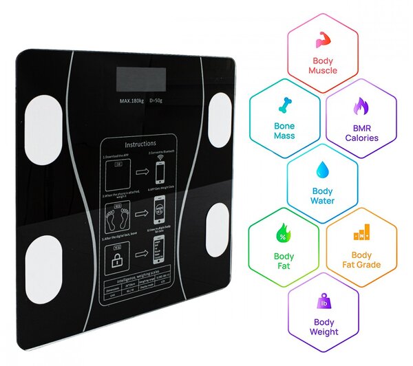 Bilancia Pesapersone Digitale Max 180 Kg in Vetro con App Bluetooth Nero