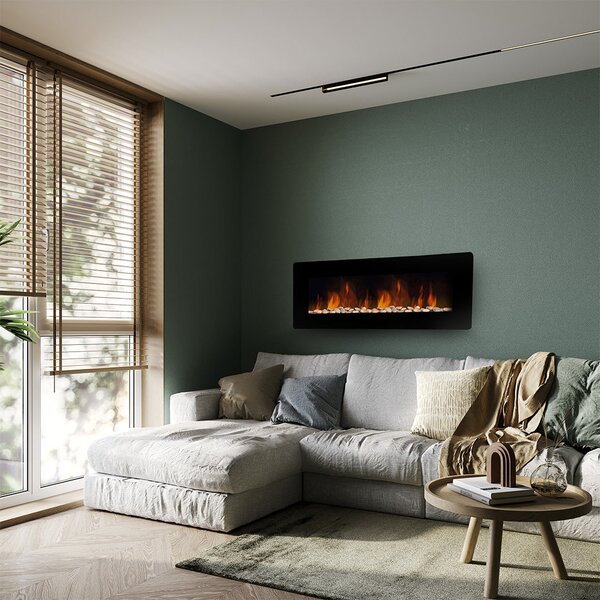 Camino Elettrico da Parete Effetto Fiamma 127x11x50 cm 900W/1800W Nero