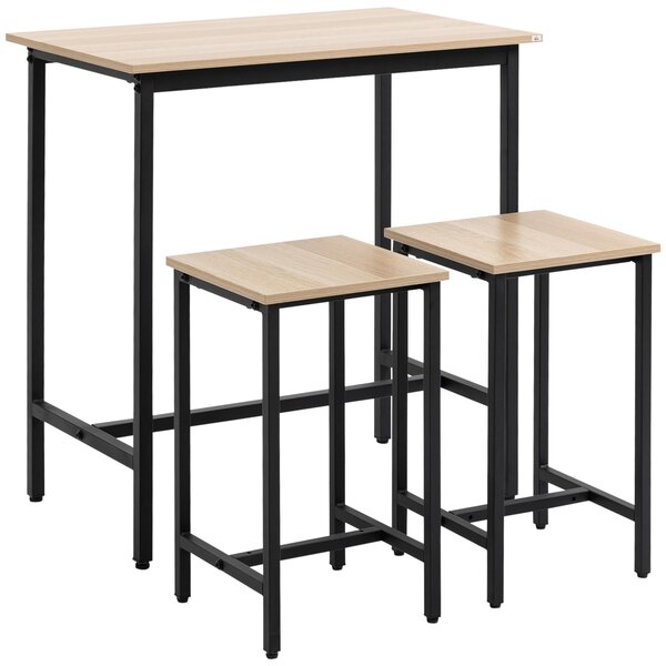Set Tavolo con 2 Sgabelli in Legno e Acciaio Nero