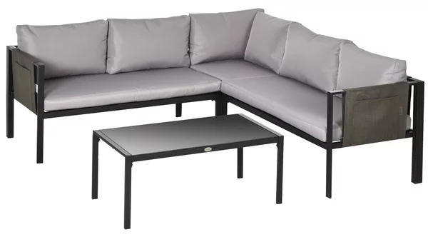 Set Salotto da Giardino Divano Angolare e Tavolino in Acciaio Grigio e Nero