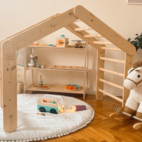 Pikler triangolo montessori grigio in pino massiccio 61x112x94 cm Montessori – Meowbaby