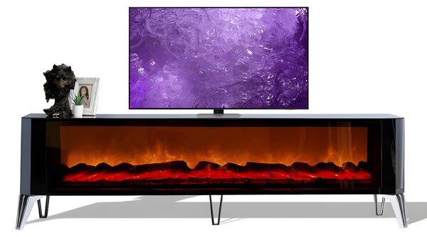 Lussuoso mobile TV: frontali in vetro, gambe in plastica rigida e caminetto elettrico