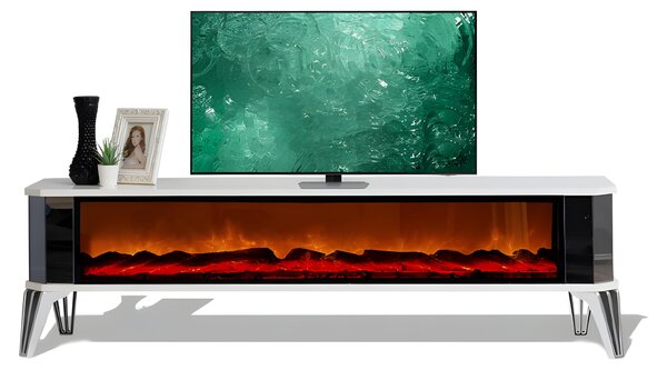 Mobile TV bianco con caminetto elettrico ed elegante illuminazione a LED