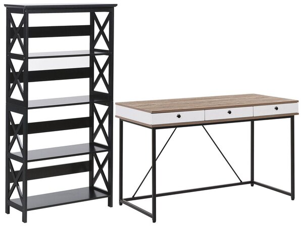 Set di mobili per ufficio libreria da scrivania in legno chiaro con gambe  dei cassetti in acciaio MDF truciolare nero set moderno per l'home office  Beliani