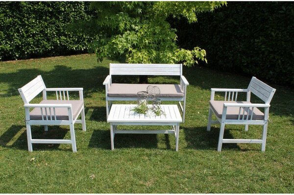Set Salotto da Giardino Divano 2 Poltrone e Tavolino con Cuscini in Legno Bianco
