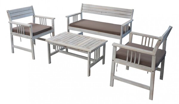 Set Salotto da Giardino Divano 2 Poltrone e Tavolino con Cuscini in Legno Bianco