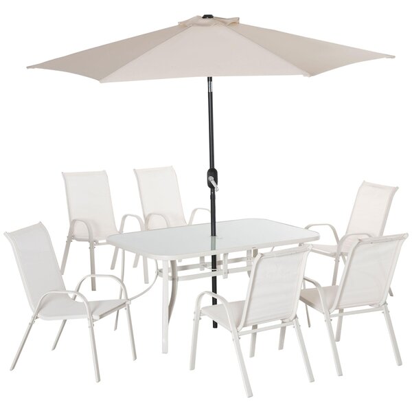 Set Tavolo 6 Sedie e Ombrellone da Giardino in Metallo e Poliestere Bianco