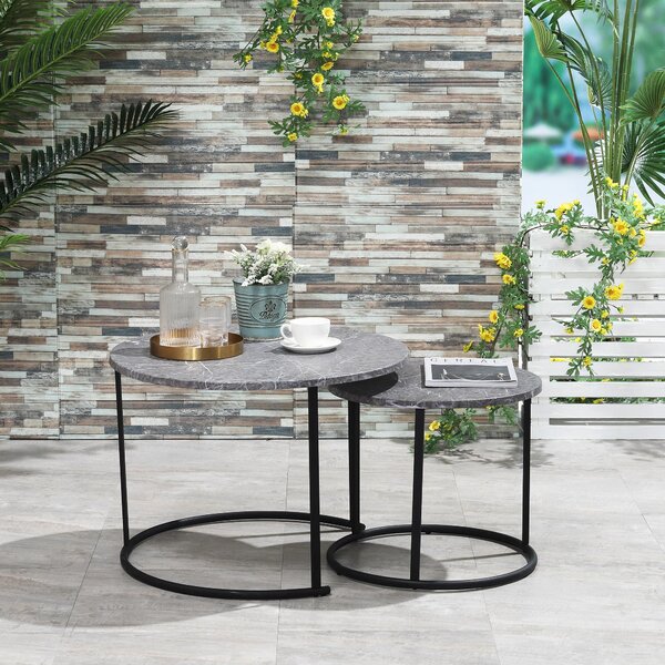 Set 2 Tavolini Piano Effetto Marmo Struttura in Metallo Nero