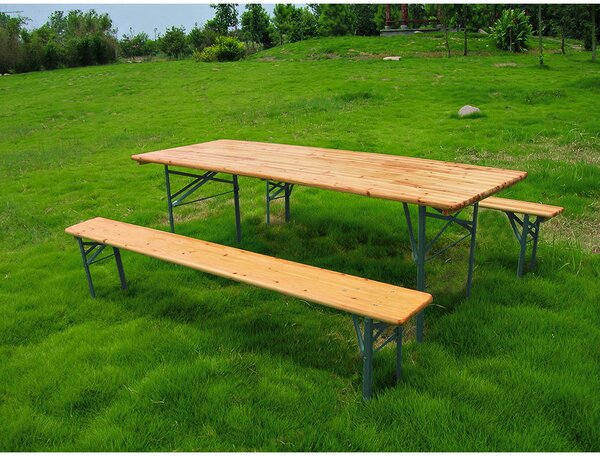 Set Birreria da Giardino Tavolo + 2 Panche Birreria in Legno Struttura in Ferro