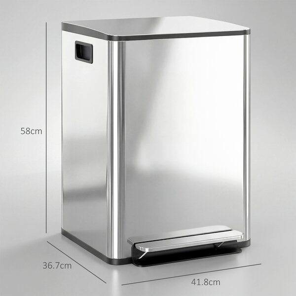 HOMCOM Bidone Immondizia a 2 Sezioni da 20L a Pedale con Coperchio Silenzioso, in Acciaio Inox e PP, 41.8x36.7x58 cm