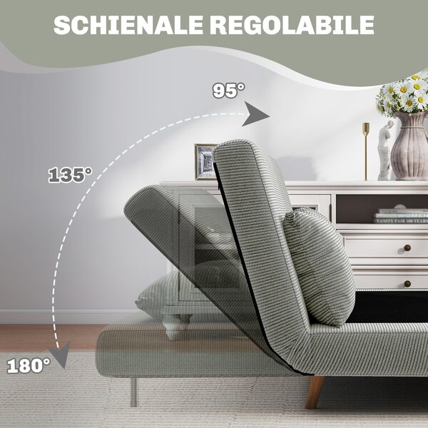 HOMCOM Divano Letto 2 posti con Schienale a 3 angolazioni Regolabile e 2 Cuscini, in Tessuto Effetto Lino, 141x90x81 cm, Grigio | Aosom Italy