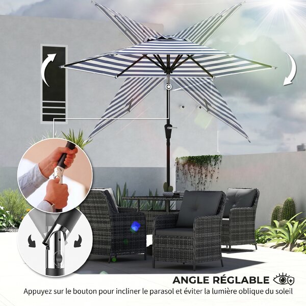 Outsunny Ombrellone da Giardino Inclinabile Φ230cm, Apertura a Manovella, Palo in Metallo e 6 Stecche, Blu e Bianco