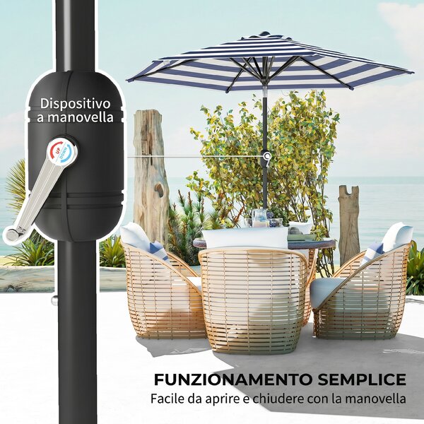 Outsunny Ombrellone da Giardino Inclinabile Φ230cm, Apertura a Manovella, Palo in Metallo e 6 Stecche, Blu e Bianco