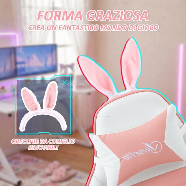 Vinsetto Sedia Gaming Ergonomica con Orecchie, Poggiapiedi Estraibile, Cuscino Lombare e Poggiatesta, Rosa | Aosom Italy