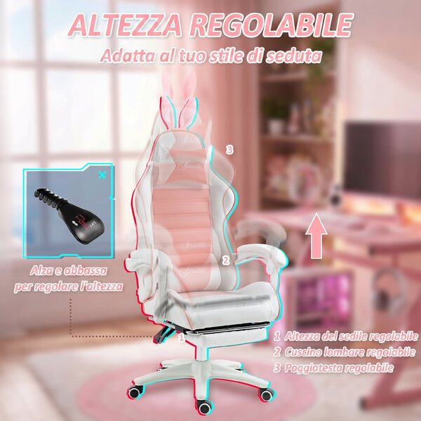 Vinsetto Sedia Gaming Ergonomica con Orecchie, Poggiapiedi Estraibile, Cuscino Lombare e Poggiatesta, Rosa | Aosom Italy