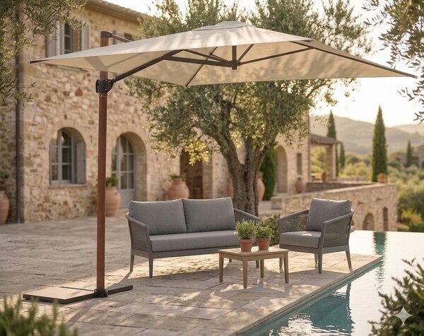 Ombrellone da Giardino Decentrato 2,5x2,5m Palo in Alluminio Effetto Legno Tessuto Poliestere Trend Wood Ecru