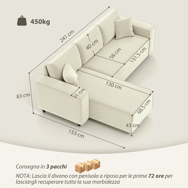 HOMCOM Divano con Penisola a 3 Posti in Tessuto Effetto Velluto, Schiuma e Nylon, 241x153x83 cm, Bianco Crema | Aosom Italy