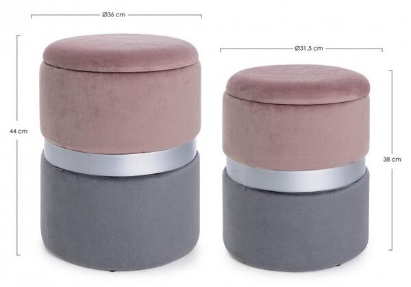 Set 2 Pouf Contenitore Polina Rosa-Grigio in Tessuto effetto Velluto